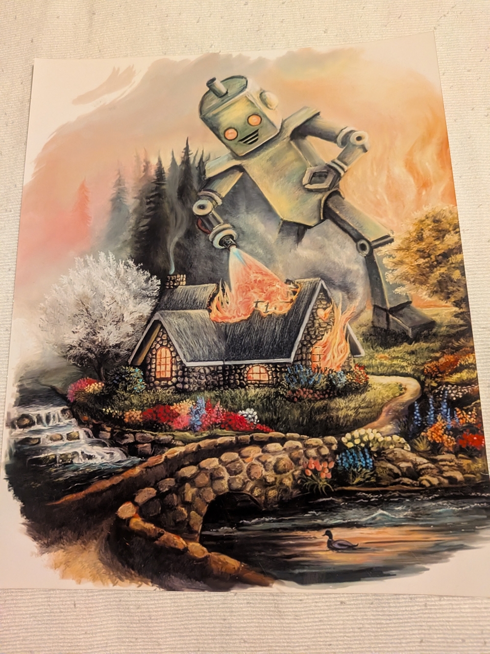 Giant Robot Burning Cottage Art Print